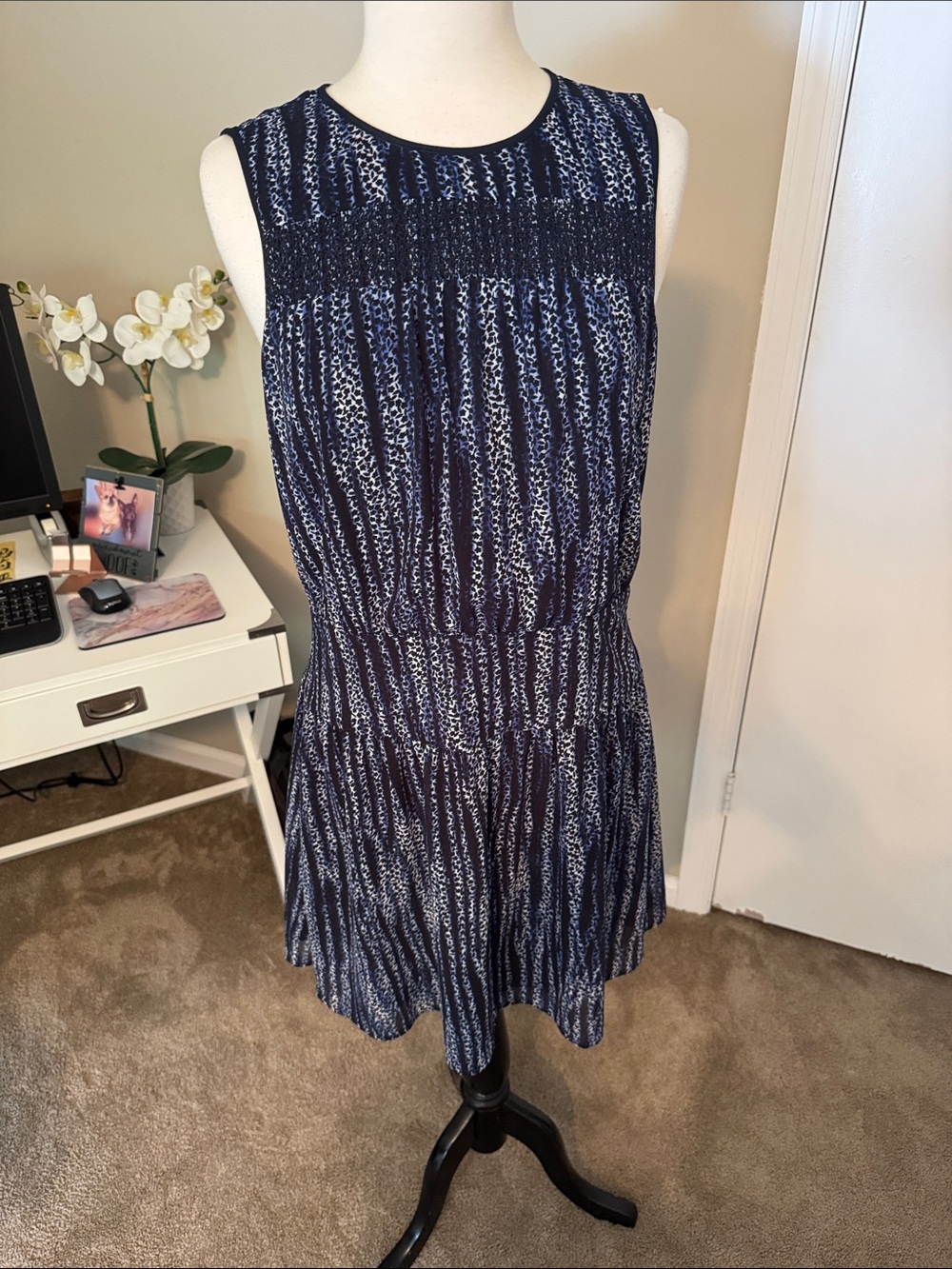 Michael Kors Navy and White Printed Sleeveless Dress